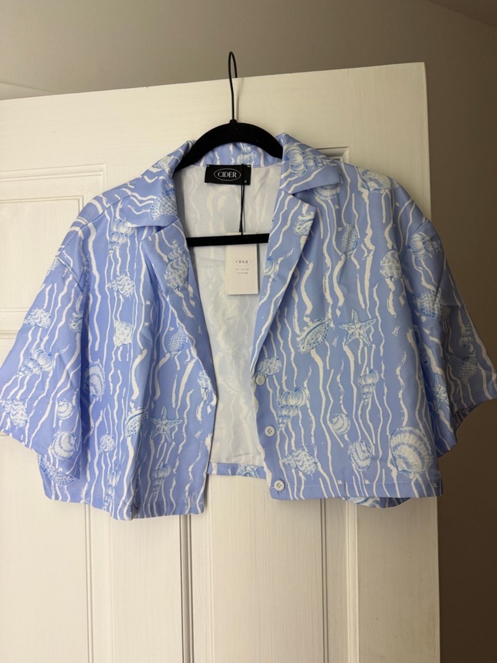 Cider Sky Blue & White Cropped Nautical Button-Up